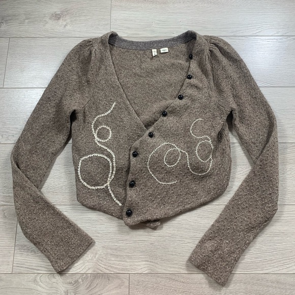 Moth Sweaters - Anthropologie Moth Wool Brown Cropped Embroidered Cardigan Sweater